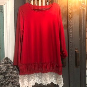Pretty red long sleeve top with lace details. Med-lg.